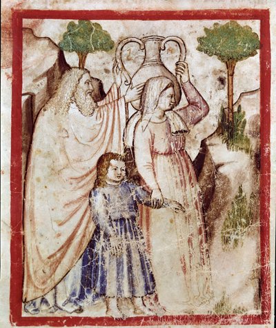 Lot geht mit seinen Töchtern auf den Berg, um der Zerstörung von Sodom zu entkommen. Die Töchter werden ihren Vater berauschen. Miniatur aus Codex 212 (oder Padovano Codice oder Bibel von Padua) 1390-1400 Rovigo, Accademia dei Concordi von Unknown artist