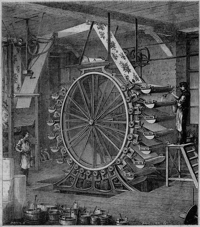 Maschine zum Drucken von Tapeten in zwanzig Farben. Gravur in „Les merveilles de l