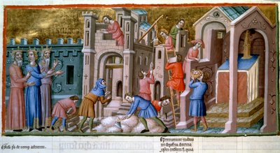 Maurer, Steinmetze und Arbeiter auf einer Baustelle einer Miniaturstadt aus dem 14. Jahrhundert „Psalter von Canterbury“. B.N. Paris von Unknown artist
