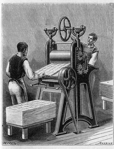 Herstellung von Spielkarten nach alten Methoden. Zylinder von Spielkarten. Gravur von 1893. von Unknown artist
