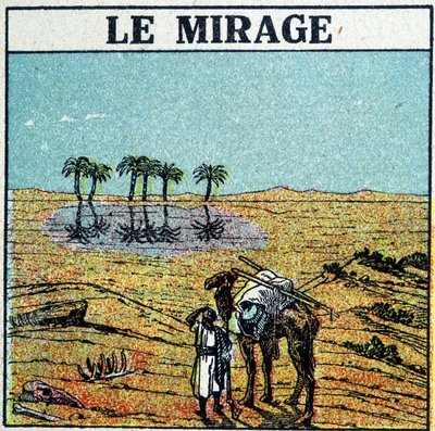 Mann in der Wüste, mit seinem Kamel, vor einer Fata Morgana. von Unknown artist
