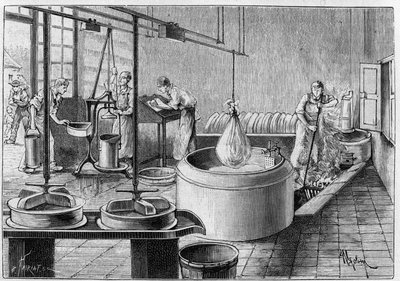 Herstellung von Gruyère: eine moderne Käserei. Stich in „La Nature: revue des sciences et de leurs applications aux arts et a l
