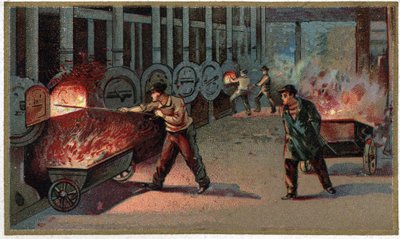 Herstellung von Leuchtgas: Beladung von Cornu. Chromolithografie aus dem späten 19. Jahrhundert von Unknown artist