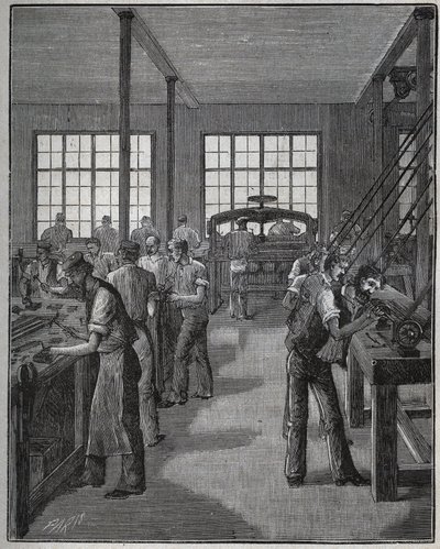 Herstellung von Federhaltern und Bleistifthaltern. Gravur von 1885 in „Les arts et métiers illustrés“ von Adolphe Bitard. von Unknown artist