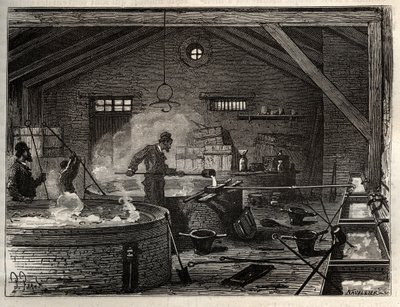 Seifenherstellung - Die Seifenindustrie - Herstellung von Talgseife in einer Fabrik in der Nähe von Paris, Kochvorgänge und Gießen in Formen. Gravur in 