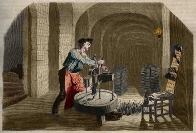 Herstellung von Champagner: Abfüllmaschine, die in einem Keller verwendet wird. Gravur von 1858 im „Le Musée Des Sciences“. von Unknown artist