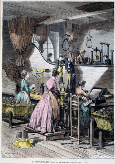 Herstellung von Tabak, Verpackung von Tabak zum Rauchen. Lithographie von 1867 Paris, Musee Carnavalet von Unknown artist