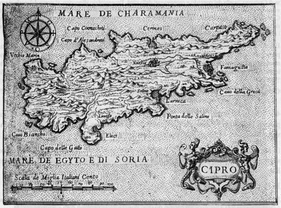 Karte der Insel Zypern (Cipro) im Jahr 1587 in „Il devotissimo viaggio di Gerusalemme“. von Unknown artist