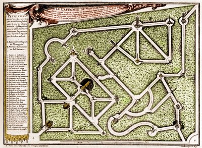 Karte des Labyrinths im Park des Schlosses von Versailles, erstellt von André Le Nôtre (1613-1700). Gravur in „La Nature. Revue des sciences et de ses applications aux arts et à l