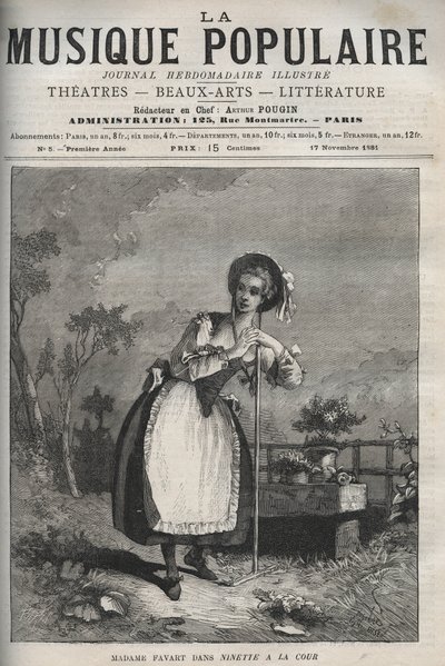 Marie Justine Benoite Duronceray (Madame Favart) in „Ninette à la cour ou le Caprice amoureux“ - Komödie in drei Akten und Versen von Charles Simon Favart - Gravur in „La musique populaire“ - illustriertes Wochenblatt von Unknown artist