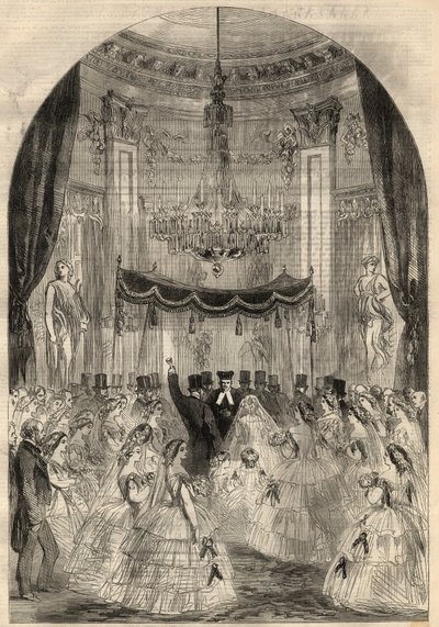 Hochzeit von Baron Alphonse de Rothschild (1827-1905) und Leonora de Rothschild (1837-1911). Die Braut lernte, ein Getränk auf den Boden zu werfen, die letzte Stufe einer jüdischen Hochzeit, genannt „zerbrochenes Glas“. Gravur in „The Illustrated London Ne von Unknown artist