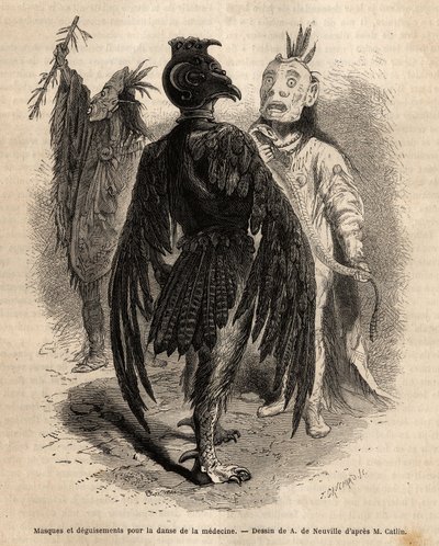 Masken und Verkleidungen für den Medizintanz unter den Naya-Indianern. Gravur zur Illustration eines Ausflugs unter die Indianerstämme der Becken von Kolumbien und Ober-Missouri, von G. Catlin, 1855, veröffentlicht in „Le tour du monde“, unter der Leitung von Unknown artist