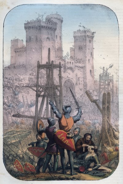Mittelalterliches Leben - Angriff und Verteidigung einer Burg - Gravur aus „Usi e Costumi di Tutti i Popoli dell
