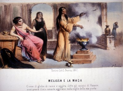 Melissa und die Zauberin: „So wie die Kupfersphäre den Einfluss der Venus erfährt, möge mein Geliebter an meiner Tür erscheinen“. 1857 von Unknown artist