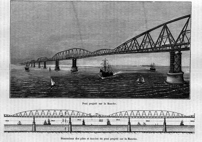 Projekt einer Metallbrücke über den Ärmelkanal: Oben die fertige Brücke; unten die Abmessungen der Pfeiler und Traversen der geplanten Brücke. Gravur in „Le Journal de la jeunesse“ von Unknown artist