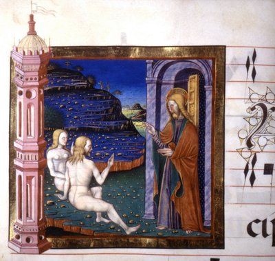 Miniatur, die die Erschaffung von Adam und Eva durch Gott darstellt. Antiphonar. 15. Jahrhundert. Biblioteca von Lodi von Unknown artist