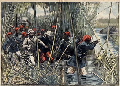 Mission Marchand (1896-1899) nach Fachoda (Sudan): der französische Hauptmann Baratier (1864-1917) und seine Truppen marschieren durch das Moor nach Fachoda. (Nach dem Logbuch von Hauptmann Baratier). Illustration in „Le Pelerin“ vom 6. November von Unknown artist