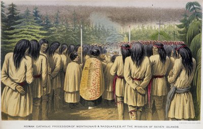 Mission der Sieben Inseln: Katholische Prozession der Montagnais und Nasquapees im Haus der Sieben Inseln - in „Exploration of the Labrador Peninsula“ von Hind, London von Unknown artist