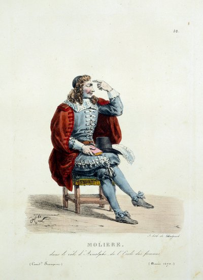 Molières Kostüm in der Rolle des Arnolphe im Stück „Die Schule der Frauen“ im Jahr 1670. Kostüm der französischen Komödie von Hippolyte Lecomte (1781-1857). Gravur des 19. Jahrhunderts. Sammlung Let