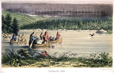 Mosquito Lake in Kanada: Indianer überqueren den See mit Moskitonetzen auf dem Kopf - in „Exploration of the Labrador Peninsula“ von Hind, London von Unknown artist