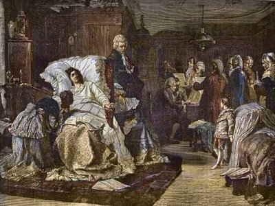 Mozarts letzte Tage nach dem Gemälde von Hermann Kaulbach (1846-1909) - Gli ultimi momenti di Mozart - letzter Tag von Wolfgang Amadeus Mozart - Gravur in „Populäre Musik“ illustriertes Wochenblatt - 1882 von Unknown artist