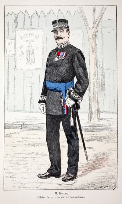 Herr Roudil, Friedensoffizier des Autodienstes. Farbradierung zur Illustration des Buches 