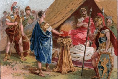 Mucius Scaevola vor Porsenna. Caius Mucius Scaevola, ein junger römischer Patrizier, gefangen von der königlichen Garde von Porsenna von Unknown artist