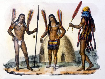Mundrucu- und Jivaros-Indianer in Ecuador. Gravur 1846-48. von Unknown artist