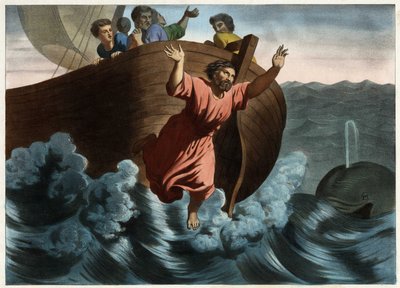 Jonas, verantwortlich gemacht für den Sturm, der das Schiff bedrohte, schlug vor, ihn über Bord zu werfen. Gott sandte einen Fisch, der den Propheten verschlang. Anonyme Gravur aus der Mitte des 19. Jahrhunderts. von Unknown artist