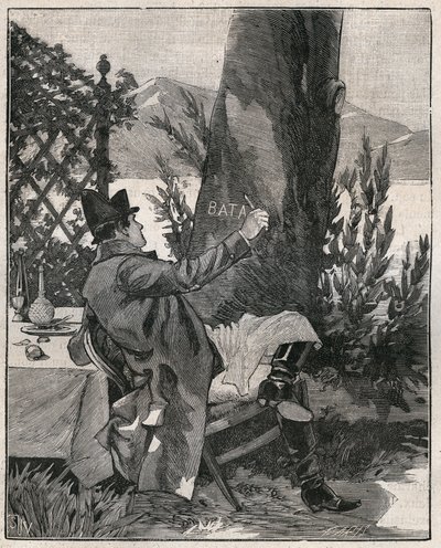 Napoleon Bonaparte (1769-1821) schrieb das Wort „Battaglia“ auf den Stamm eines Lorbeerbaums auf der Insel Isola Bella am Lago Maggiore, drei Tage vor der Schlacht von Marengo im Jahr 1800. Gravur von 1885 in „Les arts et métiers illustrés“. von Unknown artist