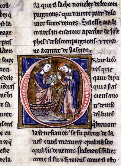 Nascion erhält das Buch (?). Manuskript: Eroberung des Heiligen Grals, geschrieben 717 Jahre nach der Passion unseres Herrn. Bibliothèque municipale de Rennes, ms. 255 (Sammlung von Romanen der Tafelrunde); Paris von Unknown artist