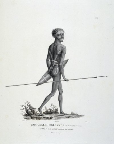 Einheimischer Nord-Gal-Derri von New South Wales von New Holland geht zum Kampf über - in „Reise der Entdeckungen zu den südlichen Ländern“ von Messrs. Lesueur und Peer von Unknown artist