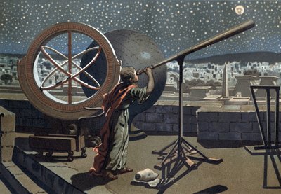 Hipparch von Nikaia (Hipparkhos) im Observatorium von Alexandria, griechischer Astronom (in Bithynien, 2. Jahrhundert v. Chr.) nach „La Ciencia y sus Hombres“ von Louis Figuier. Barcelona 1881 von Unknown artist