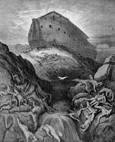 Noah sendet eine Taube zur Erde, gemäß Genesis. 19. Jahrhundert Gravur von Unknown artist