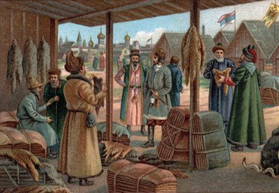 Alte Einkaufszentren: Pelzmesse in Nowgorod (Weliki Nowgorod), Russland im 19. Jahrhundert. Chromolithographie aus dem späten 19. Jahrhundert. von Unknown artist