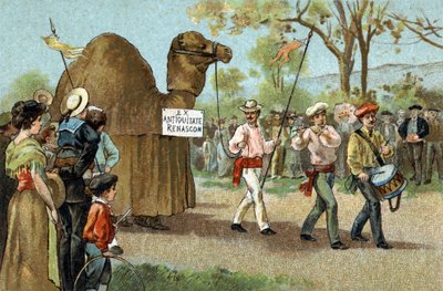Alte Tradition im Languedoc: Der Kamelmarsch am Tag der Heiligen Aphrodite. Chromolithographie aus dem späten 19. Jahrhundert. von Unknown artist