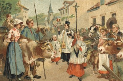 Alte Tradition im Nivernais: Die Segnung der Herden. Chromolithographie aus dem späten 19. Jahrhundert. von Unknown artist