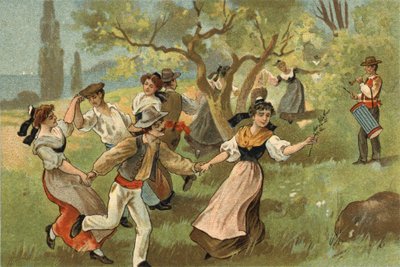 Altes Brauchtum in der Provence: Die Farandole bei Seidenraupen-Erntefesten. Chromolithographie aus dem späten 19. Jahrhundert von Unknown artist