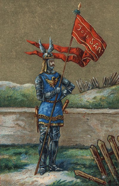 Oriflamme oder Banner des Königs von Frankreich Karl V. (1364-1380). Chromolithographie des 19. Jahrhunderts. von Unknown artist