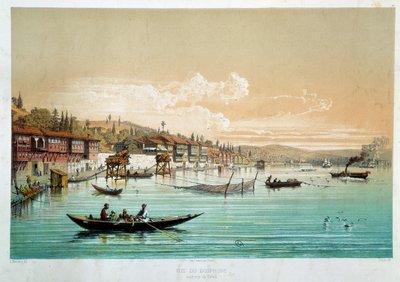 Osmanisches Reich: Ansicht des Bosporus in der Nähe von Bebek in der Türkei. Angelszenen. Gravur aus dem 19. Jahrhundert. Paris, Decorative Arts von Unknown artist