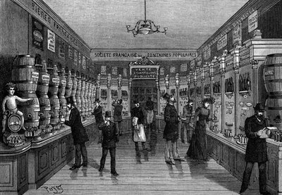 Überblick über eine Bar mit Verkaufsautomaten, Rue Montmartre, in Paris. Gravur in „La Nature: revue des sciences et de leurs applications aux arts et a l