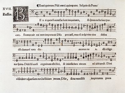 Seite einer Partitur von Beati quorum psalm XIII von Willaert (1538) von Unknown artist