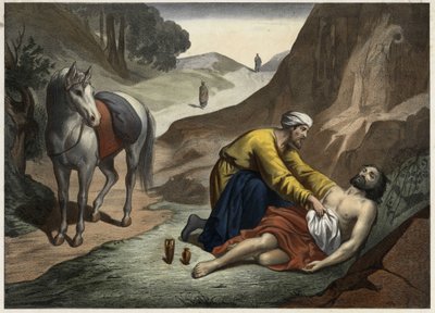 Gleichnis vom barmherzigen Samariter: Der Samariter hielt auf seinem Weg an, um dem sterbenden Mann zu helfen. Anonyme Gravur aus der Mitte des 19. Jahrhunderts. von Unknown artist