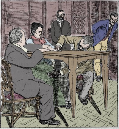 Paranormale Phänomene: Erfahrung des Hebens eines Tisches in Mailand im Jahr 1892 in Anwesenheit des Mediums Eusapia Paladino und Cesare Lombroso (1835-1909) und Charles Richet (1835-1909) von Unknown artist