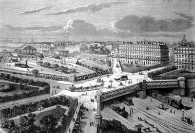 Paris, der neue Platz Europas an den westlichen Eisenbahnen. 1868. Gravur aus dem 19. Jahrhundert von Unknown artist