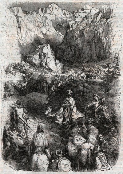 Übergang der Pyrenäen durch die Mauren - Gravur von 1851 aus „Roland der Rasende“ (Orlando furioso) (16. Jahrhundert) von Ludovico Ariosto, bekannt als der Ariosta - Ausgabe, übersetzt aus dem Italienischen von Graf von Tressan und veröffentlicht von Gusta von Unknown artist