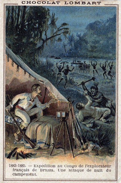 Pierre Savorgnan de Brazza (1852-1905), französischer Entdecker, am Ufer des Kongo. Ein nächtlicher Angriff auf das Lager von Unknown artist