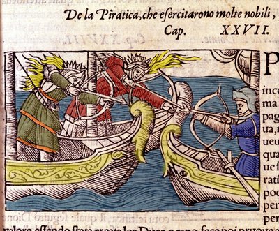 Piraterie wurde von vielen skandinavischen Adelsfrauen praktiziert (Kupferstich aus Historia de gentium septentrionalium von Olaus Magnus, Venedig 1567) von Unknown artist