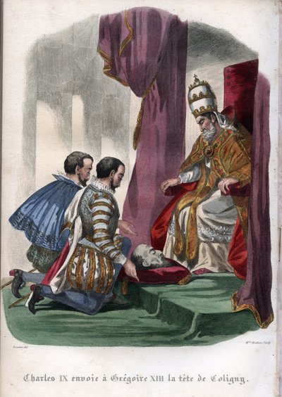 Papst Gregor XIII. (1502-1585) erhält den Kopf von Gaspard de Coligny (1519-1572), der beim Massaker an der Bartholomäusnacht 1572 ermordet wurde, als Geschenk von König Karl IX. von Frankreich (1550-1574) von Unknown artist