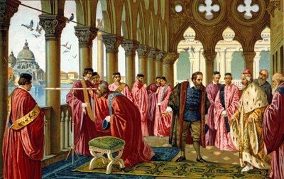 Porträt von Galileo Galilei, genannt Galileo (1564 - 1642), präsentiert das Fernrohr dem Dogen in seinem Dogenpalast in Venedig. von Unknown artist